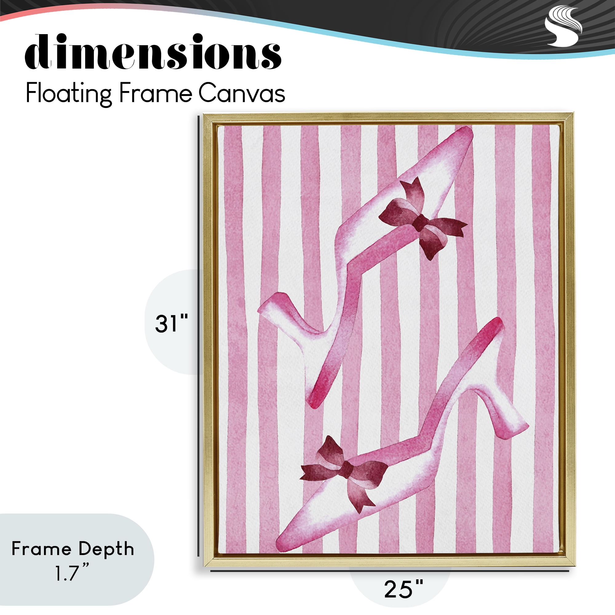 Stupell Industries Bow Heels on Pink Stripes Gold Framed Floater Canvas Wall Art, design by Camila Juncos