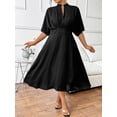 thumbnail image 4 of Black Plus Size Women Elegant Office Dress With Pleated Skirt, Elastic Waist, V-Neck And Short Sleeves, 4 of 8