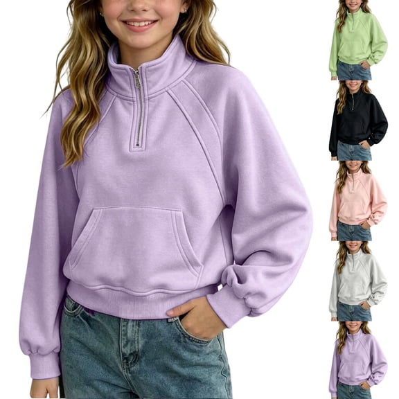 Ashirexll Girls Sweatshirts Solid Stand Collar Full Zip Long Sleeve Sweatshirt Outerwear for Big Girls 5-14 Years