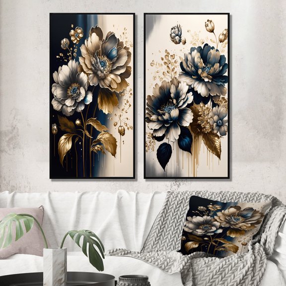 Designart "Zesty Blue and Gold Zinnias I" Zinnias Framed Wall Art Set Of 2 - Blue Floral Framed Canvas Set For Living Room Decor