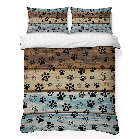Twin XL Quilt Set 68''x98'', Cute Dog Claws Lightweight Bedspread Coverlet Set with 2 Pillow Shams, Farmhouse Blue Wooden Puppy Pawprints Breathable All Season Quilt Bedding for Dorm/Guest Room