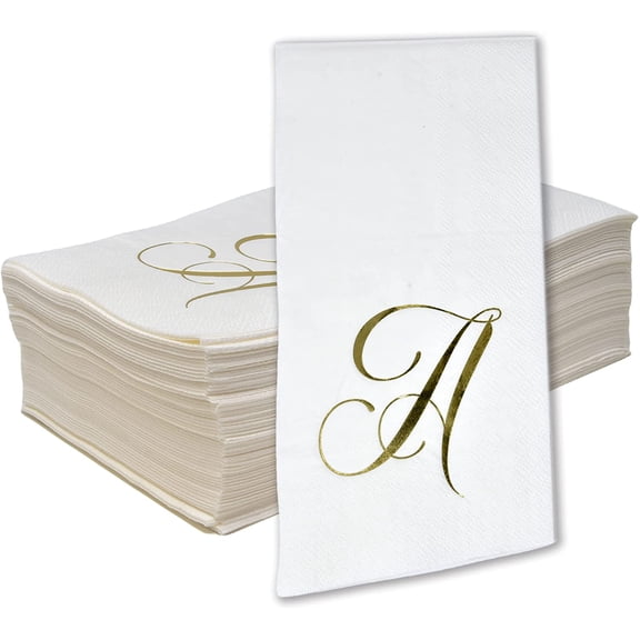 Gift Boutique Monogram Guest Napkins Letter A, 100 Count Gold Foil Disposable Paper Dinner Napkins, White Decorative Party Bathroom Towels 15 x 12.75 in