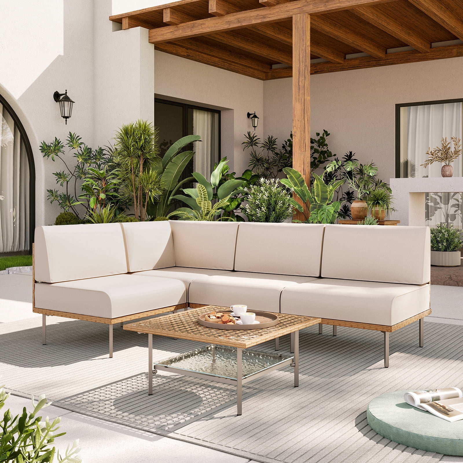 LAUSAINT HOME 5 Pieces Patio Conversation Set, Outdoor Wicker Furniture Set with Beige Cushions for Garden