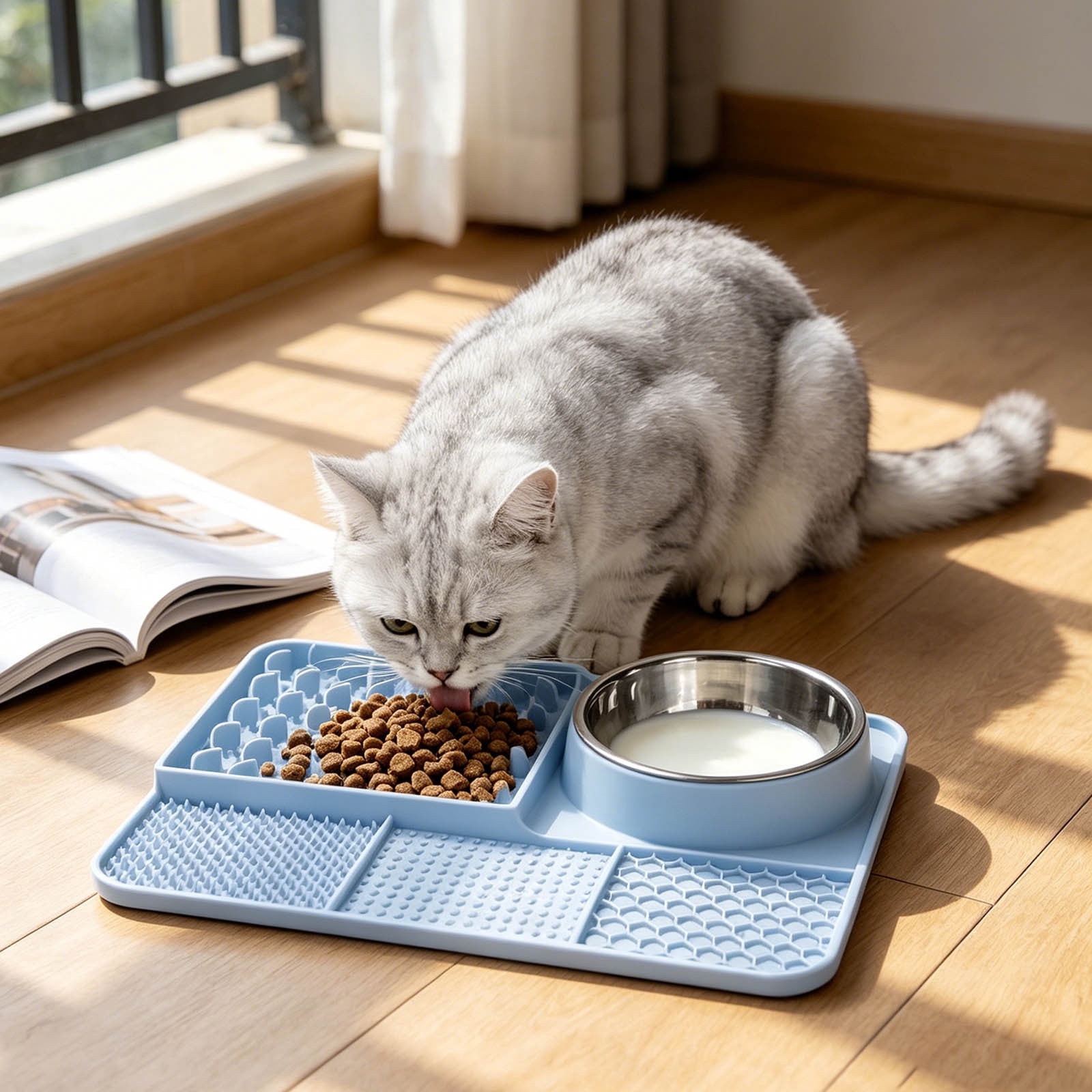 Licking Pad 5âInâ1 Silicone Slow Feeding Mat Suction Cup Antiâ Feeder Detachable Stainless Steel Bowl StressâRelief Set For Cats Dogs Puppies Daily Use 13.0 x 9.8 in Sky Blue