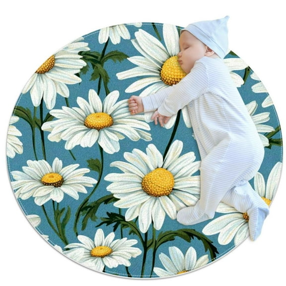 Small Area Rugs Bathroom Rugs White Daisy Flowers Non-Slip Throw Rug Floor Carpet Door Mat for Sofa Bedroom Nursery Decor, (Round - 2.2ft Diameter)