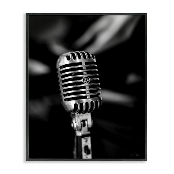 Stupell Industries Vintage Microphone on Black Entertainment Painting Black Framed Art Print Wall Art, 11 x 14