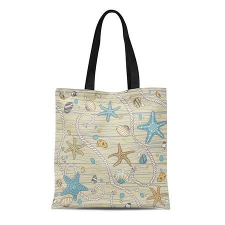 ASHLEIGH Canvas Tote Bag Cord Sea Stars Rope Stones and Seashells on Wooden Reusable Shoulder Grocery Shopping Bags Handbag
