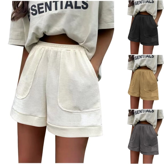 UVEASISHA Women's Waffle Knit Shorts High Waisted Big Pocket Casual Shorts Loose Fit Breathable Streetwear Shorts Comfy Loungewear Bottoms Black L