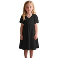 thumbnail image 2 of BRGZLK Kids Girls Dresses Summer New Trendy Solid Color V-Neck Short Sleeve Casual Midi Dress for Everyday Black 9-10 Years, 2 of 7