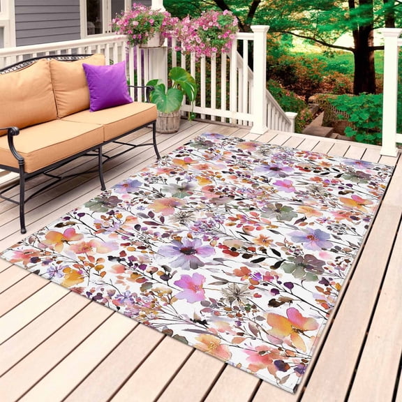 Watercolor Floral Outdoor Rug 4x6 Ft, Non Slip Washable Area Rug, Spring Flowers Plants Modern Rustic Patio Rugs Carpet Runner, Large Floor Mat for Indoor/Outdoor Deck Porch Camping