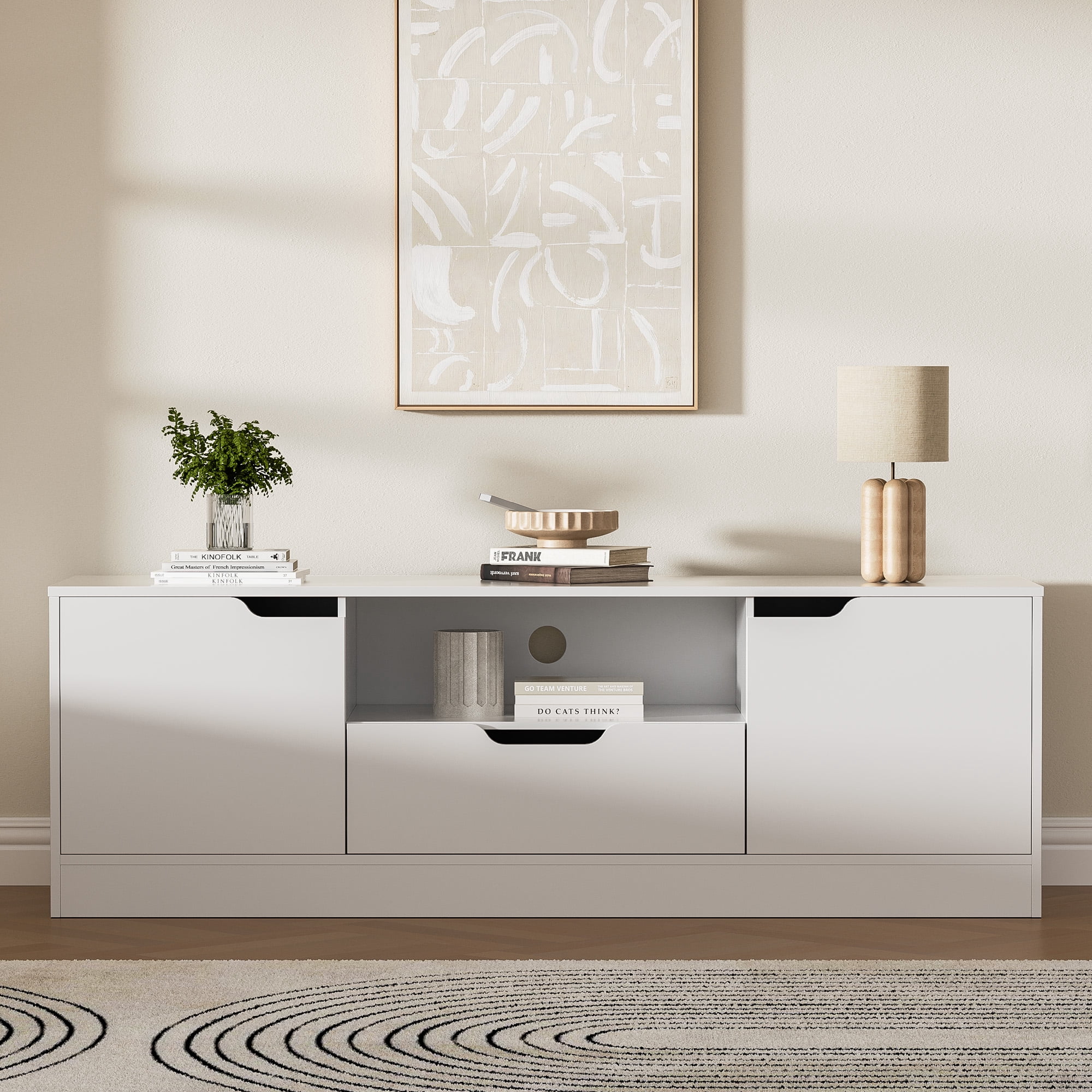 Modern TV Stand for 55/60/65 Inch TV, Media TV Console Table with 2 Doors & Drawer, Entertainment Center with Storage Cabinet for Living Room, Bedroom, White