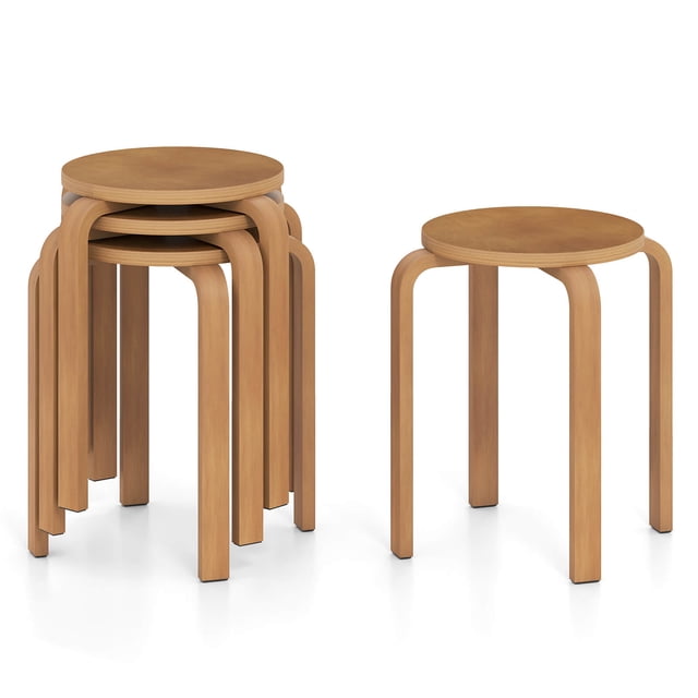Costway Set of 4 18" Stacking Stool Round Dining Chair Backless Wood Home Decor Walnut