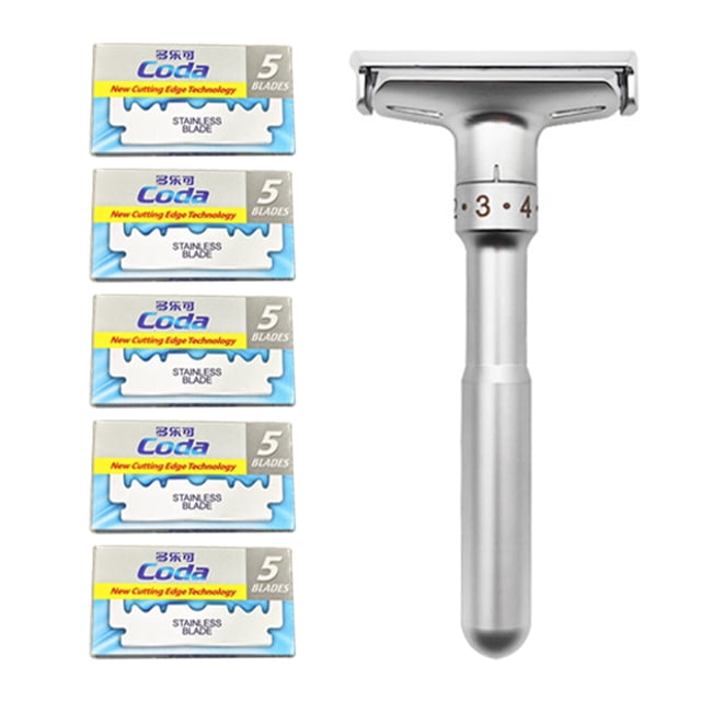 Adjustable Sharpness Manual Razor Set - Silver Shaving Tool with 1 Beard Shaver and 5 Replacement Blades, Durable & Portable Design for Personalized, Smooth Shaving on-the-Go, Suitable for All Facial
