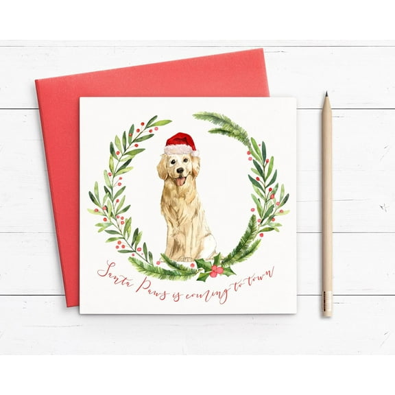 Santa Paws Christmas Card Featuring Golden Retriever in Holiday Wreath – Cute Blank Card with Red Envelope – Perfect for Dog Lovers and Holiday Greetings
