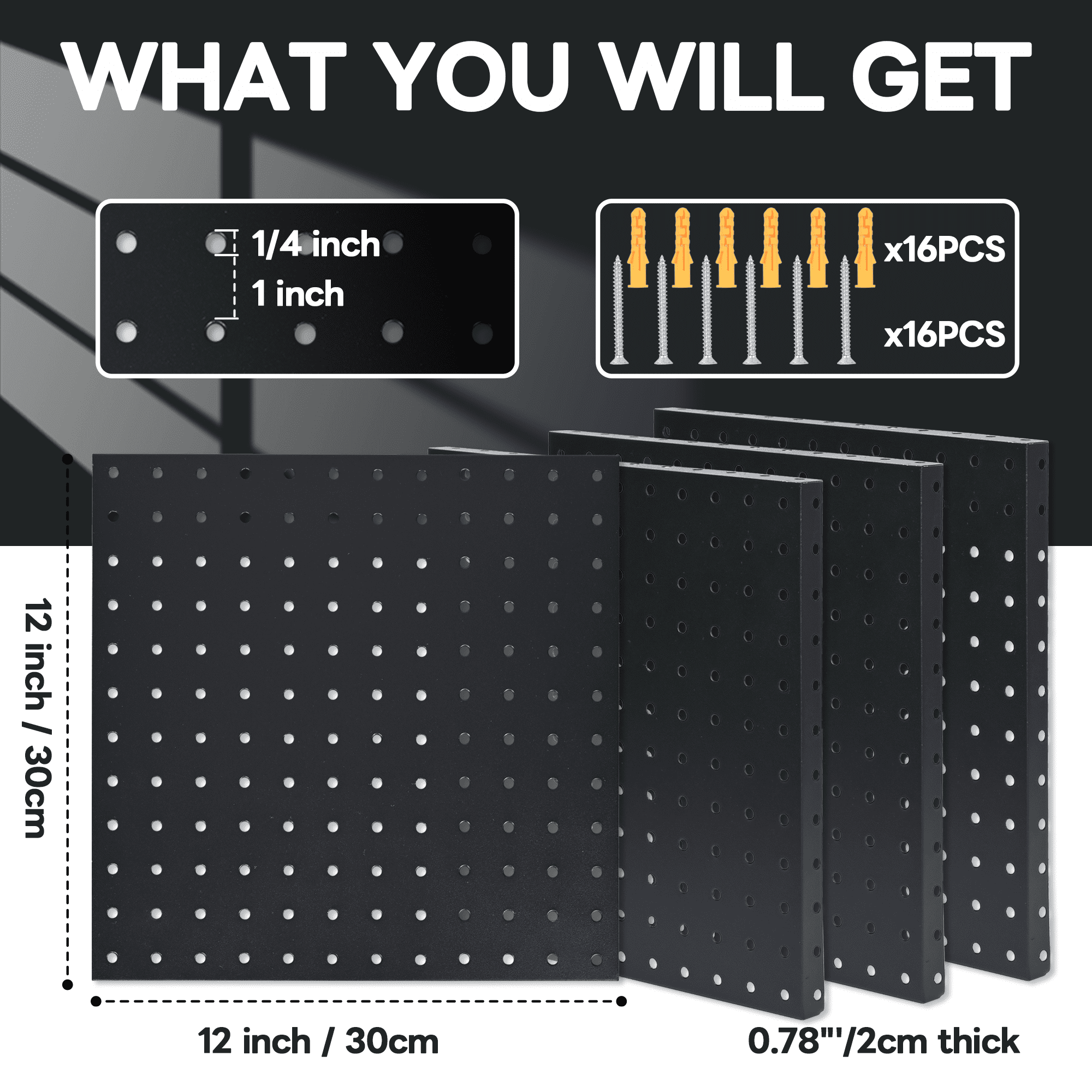Gomok 4 pack Metal Pegboard Wall Organizer, 12"x12" Tool Organizer Pegboard Panels, Heavy Duty Peg Board Kit for Garage, Workshop, Office, Black