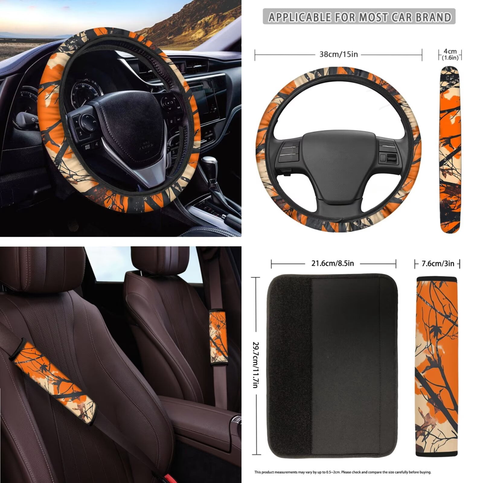 Garronmavis Orange Hunting Camo Forest Car Seat Cover Full Set 16 Pieces Belt Pads Cover Keychain Gear Shifting Knob Cup Mats Windshield Sun Shade