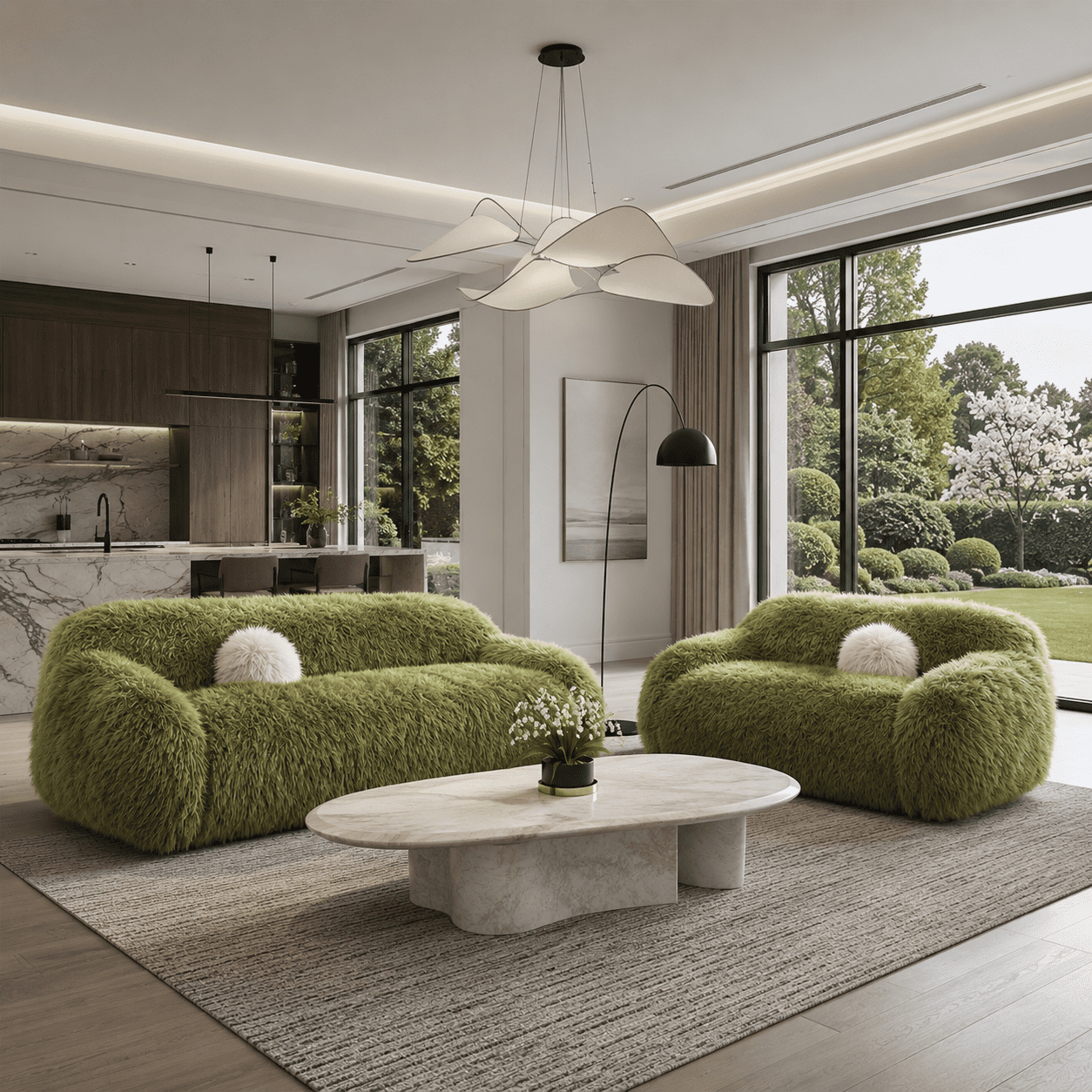 Aenkyo 84 Inch Plush Faux Fur Sofa, 25 Inch Deep Seat 3-Seater Couch with Ball Pillow, Green