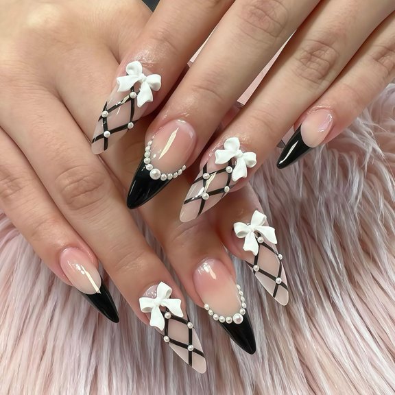 Uñas postizas adhesivas GJJBQTT de 24 piezas, negras, con moño, strass y perlas