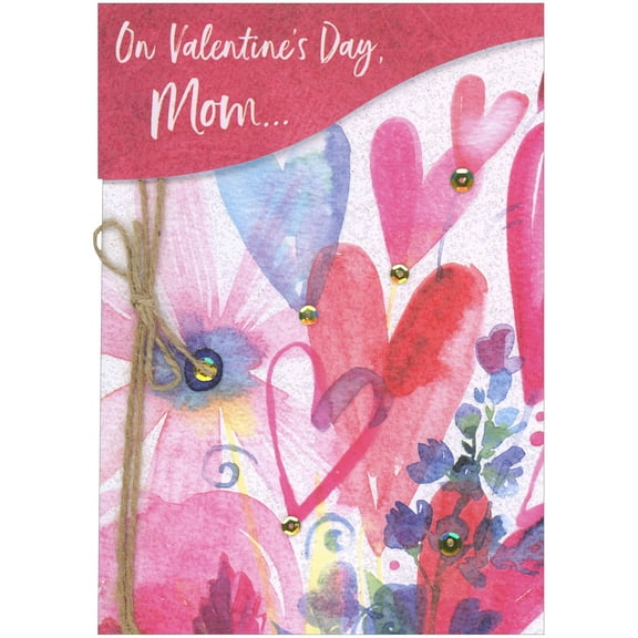 Designer Greetings Watercolor Hearts, 3D Tip On Banner, Twine and Gold Sequins Hand Decorated Valentine's Day Card for Mom