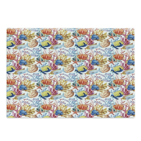 Fish Cutting Board, Coral Reef Scallop Shells Fish Sea Plants Polyp Murky Nautical Maritime Life, Decorative Tempered Glass Cutting and Serving Board, Large Size, Multicolor, by Ambesonne