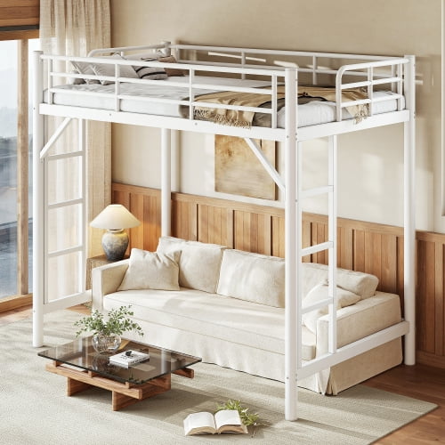 Twin Size Metal Loft Bed, Space-Saving Loft Frame with Easy Climb Ladder and Guardrails, Sturdy Steel High Sleeper for Bedroom, Dorm, Apartment, White