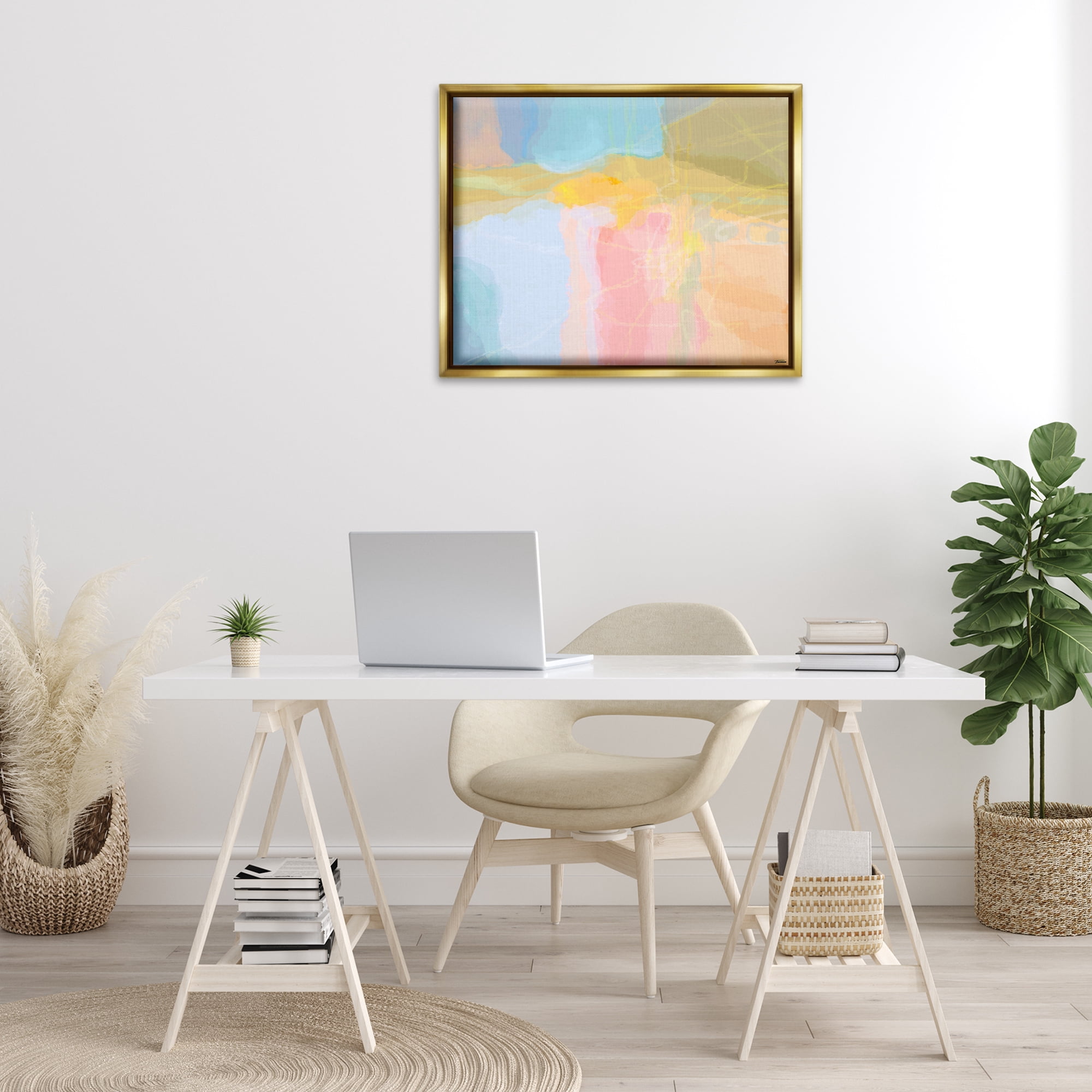 Stupell Industries Pastel Collaged Pattern Abstract Painting Gold Floater Framed Canvas Art Print Wall Art, 31 x 25