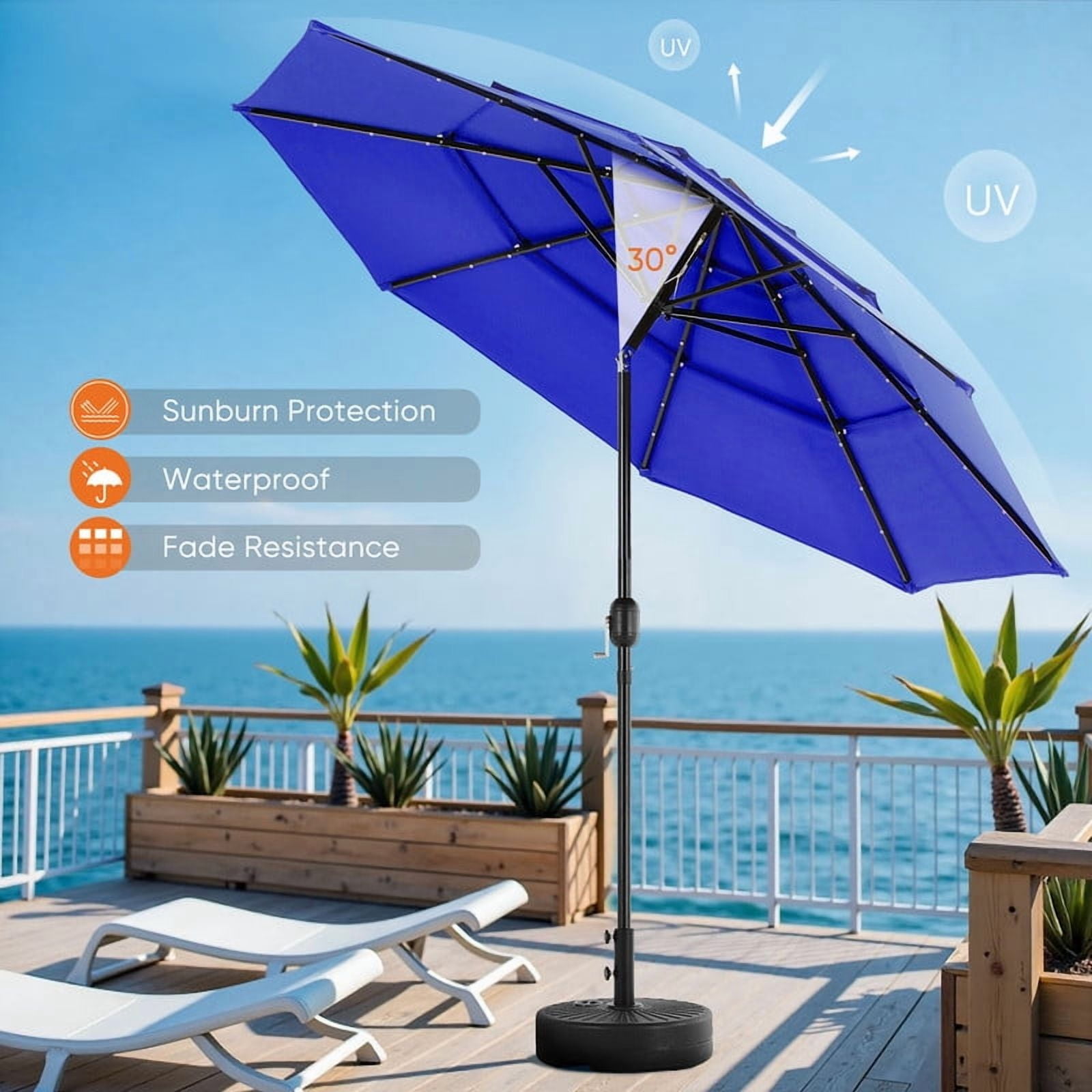 Gianna 10FT 3-Tier Solar Patio Umbrella with 32 LED Lights, Outdoor Umbrellas with Push Button Tilt and Crank,Navy Blue-1
