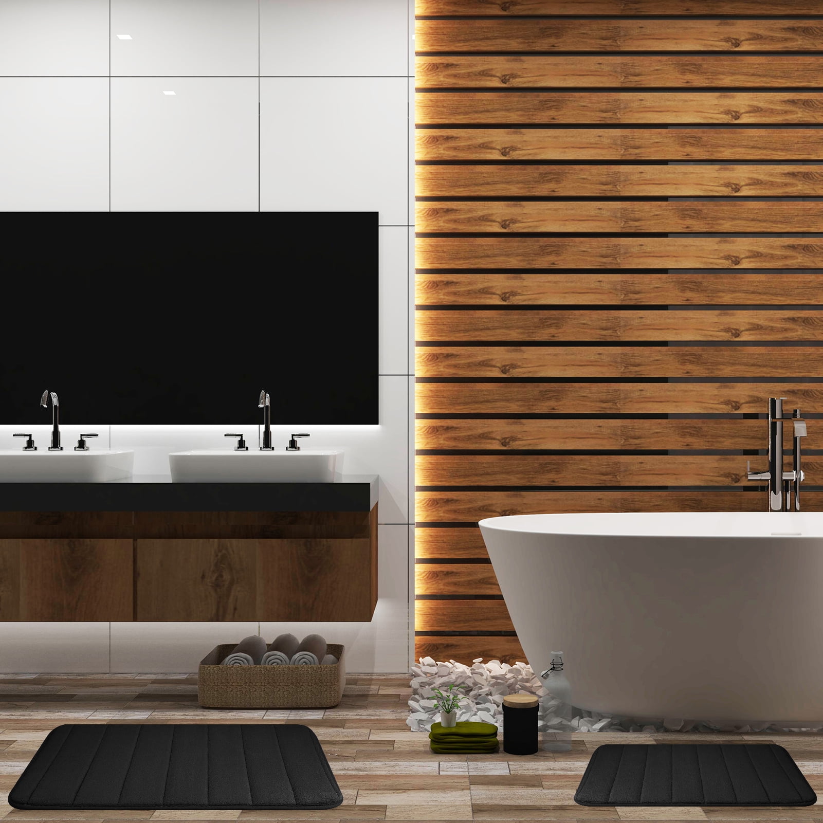 2 Piece Memory Foam Bath Mat Set Thick Bathroom Rugs Soft Bath Mats for Bathroom Extra Absorbent Floor Mats Bath Rugs Set for Kitchen/Living Room(20" x 32"/17" x 24", Black)