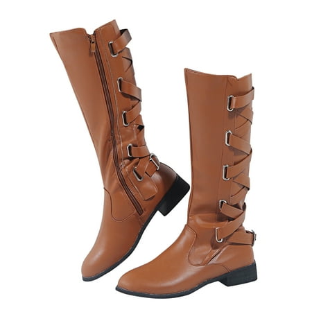 

Egmy Fashion Large Size Boots Women Autumn Long Tube Lace Up Thick Heel Shoes Boots Brown 4.5(35)