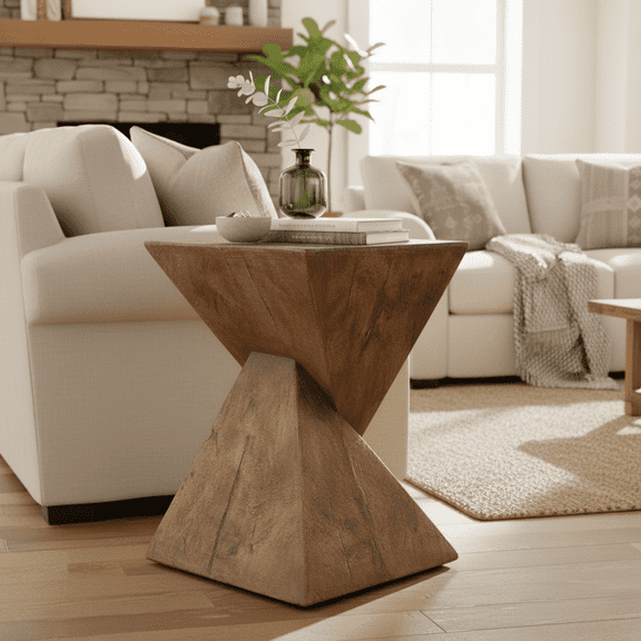 Homy Casa Modern Geometric Hourglass Side Table, 24" H Outdoor/Indoor End Table with Faux Wood Texture, Waterproof & Fireproof Magnesium Oxide Accent Table for Living Room, Patio, Bedroom, Natural