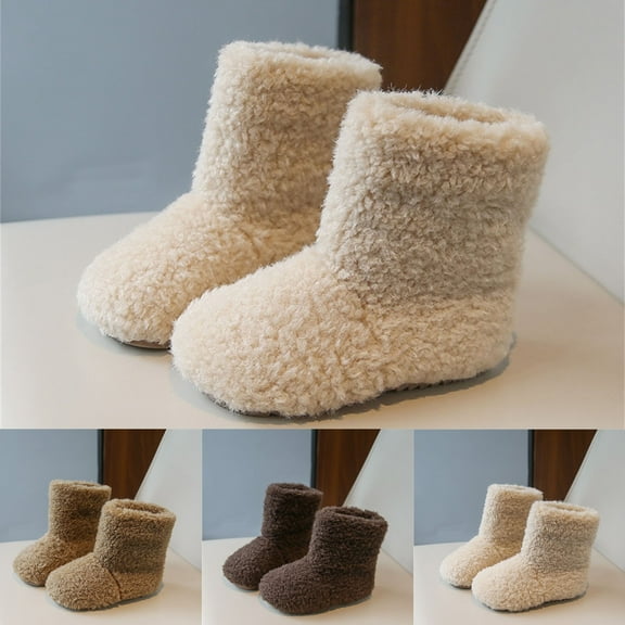 breaise Fluffy Bootie Kids Boys Girls Sherpa Fleece Winter Snow Boots Solid Color Casual Boots