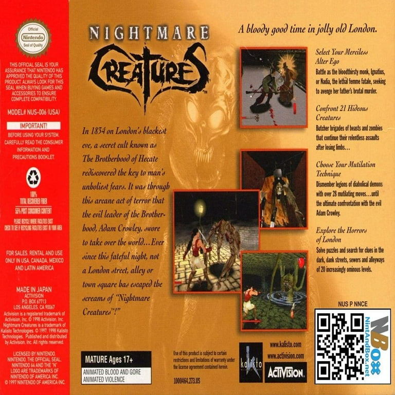Nightmare Creatures【中古美品・N64北米版】 Nightmare Creatures N64 Game,US Version - Walmart.com