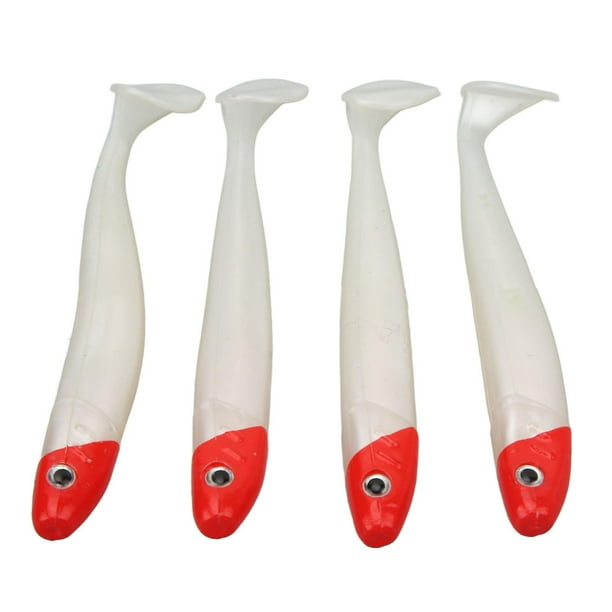 4pcs T-shaped Soft Fishing Lures Bent Tail Maggots Sea Fishing Lures Red Head White Body