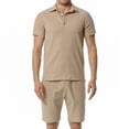 thumbnail image 4 of REORIAFEE 70s Disco Outfits for Men Gym Outfits Men Casual Patchwork Turn down Collar Short Sleeve Set Blouse Short Pants Suit Khaki M, 4 of 5