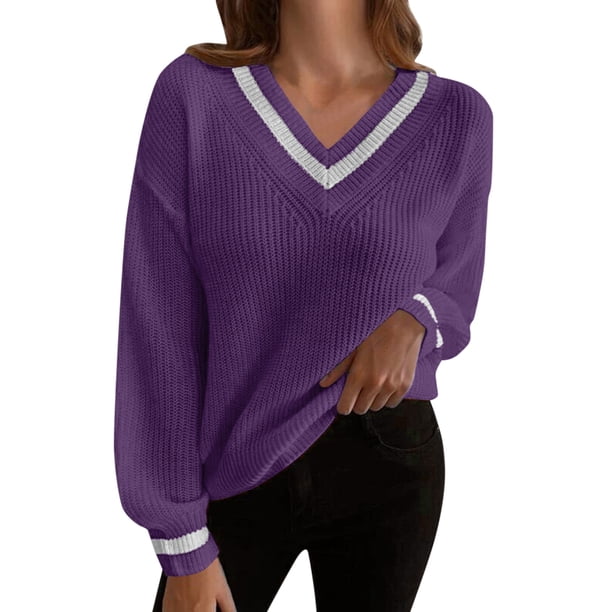 Suéter de Punto Gibobby Casual para Mujer Cuello en V Bloqueo de Color Manga Larga Morado M