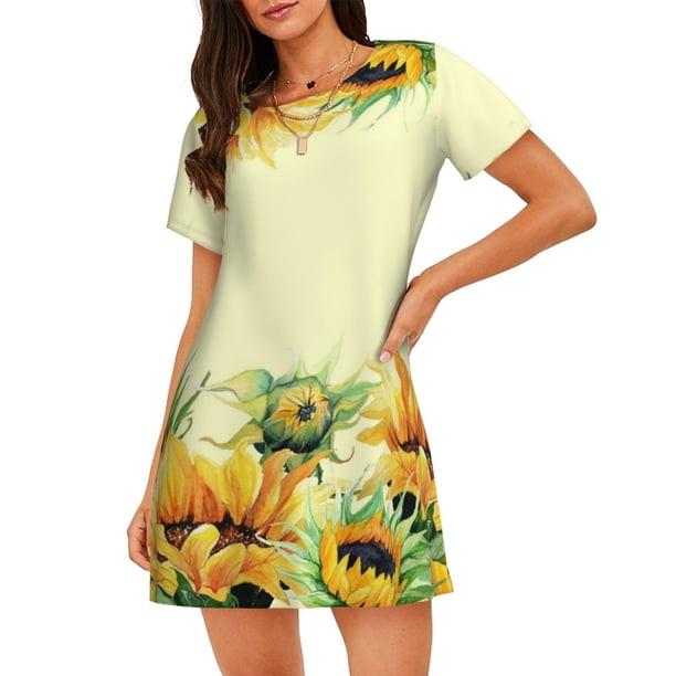 Fotbe Sunflowers On A Yellow Background Bata de Dormir para Mujer con Estampado, Camisón de Algodón de Manga Corta, Ropa de Dormir Casual