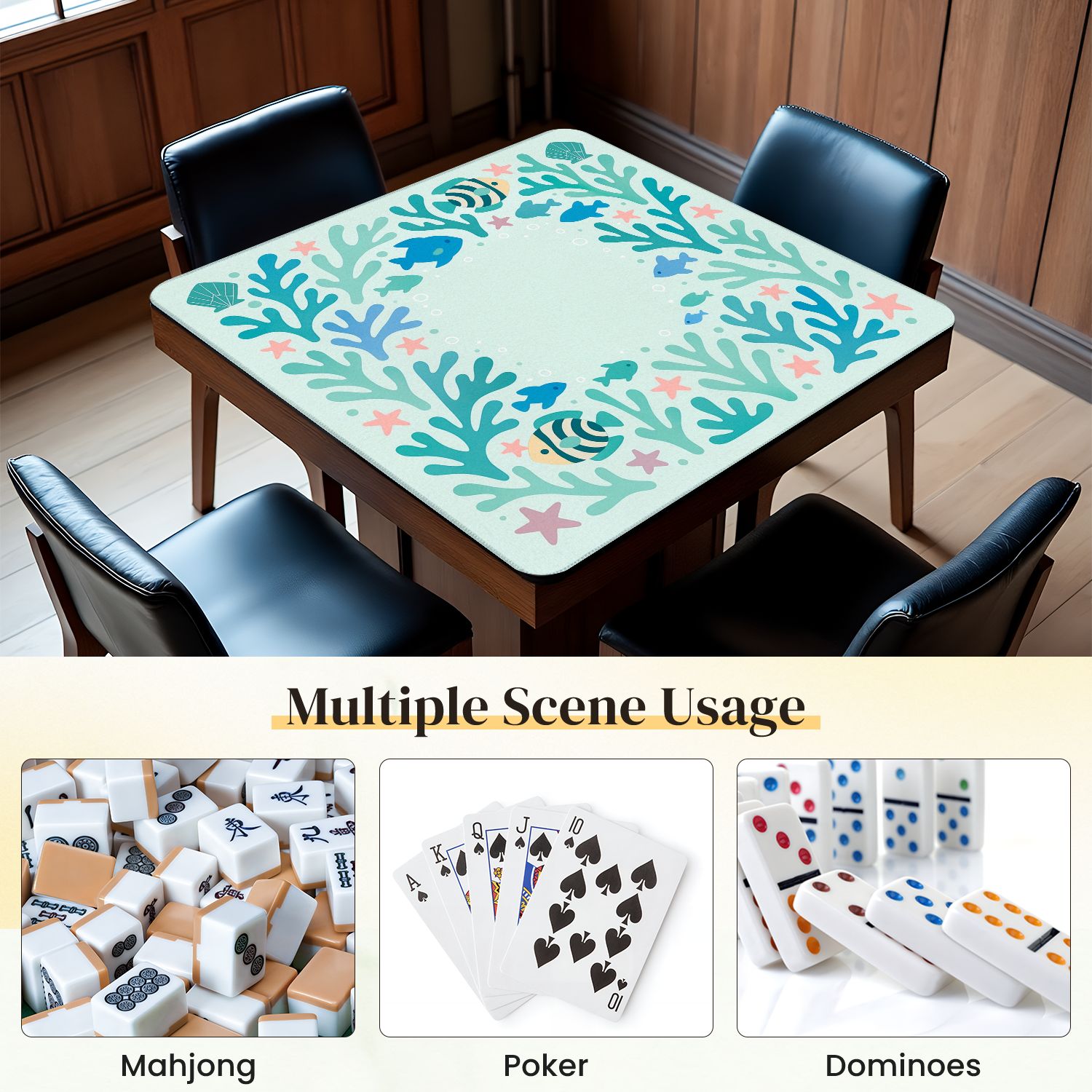 Mahjong Mat 31.5" x 31.5" Colorful Coral Reef Fish Soft Pastel Tones Anti-Slip and Noise Reduction Symmetry Design Mahjong Tiles Table Cover for Dominoes Poker Card Board and Tile Games