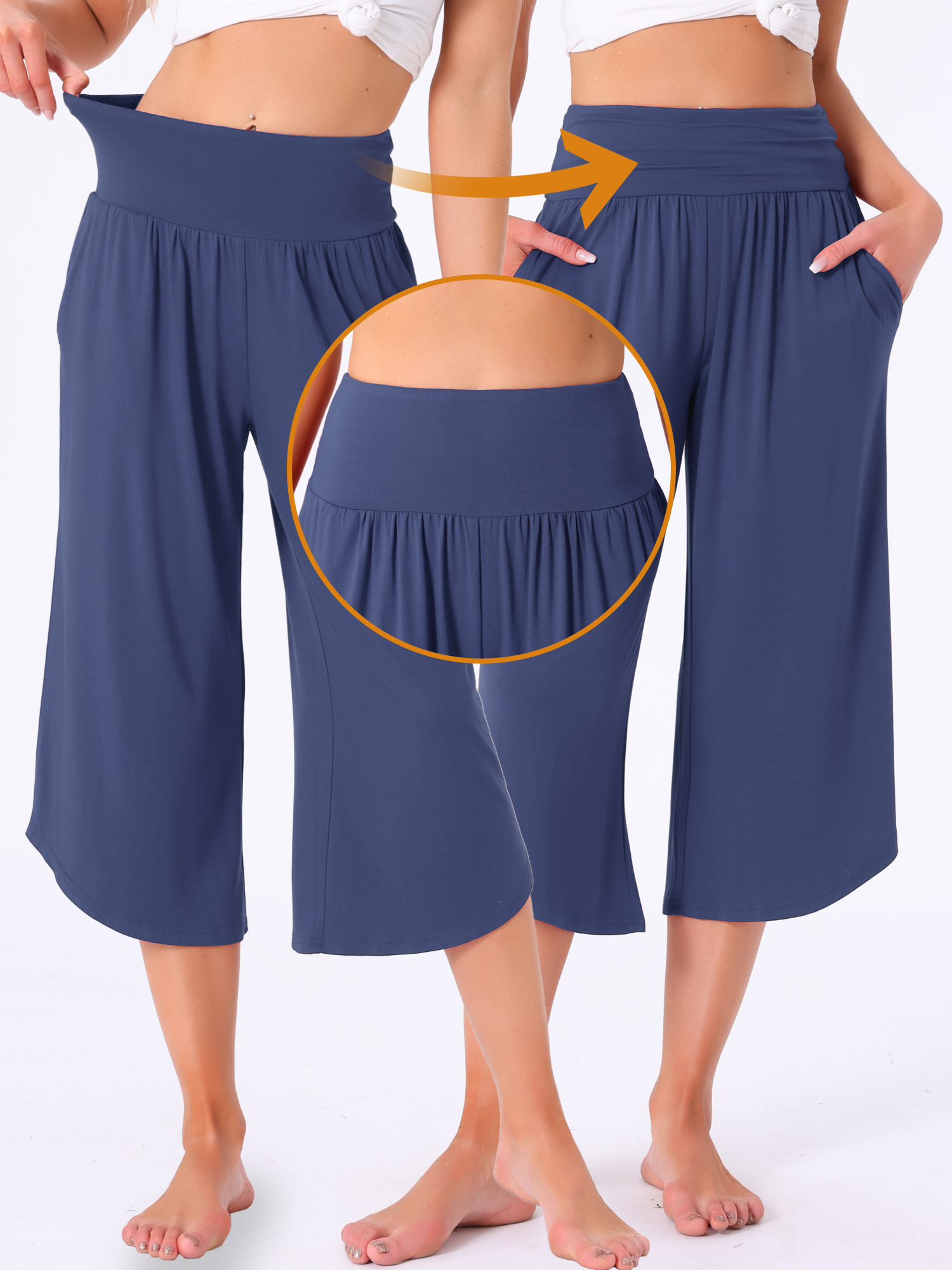 DARING DIVA Women's Capri Lounge Yoga Cropped Summer Casual Wide Leg Pants L Navy
