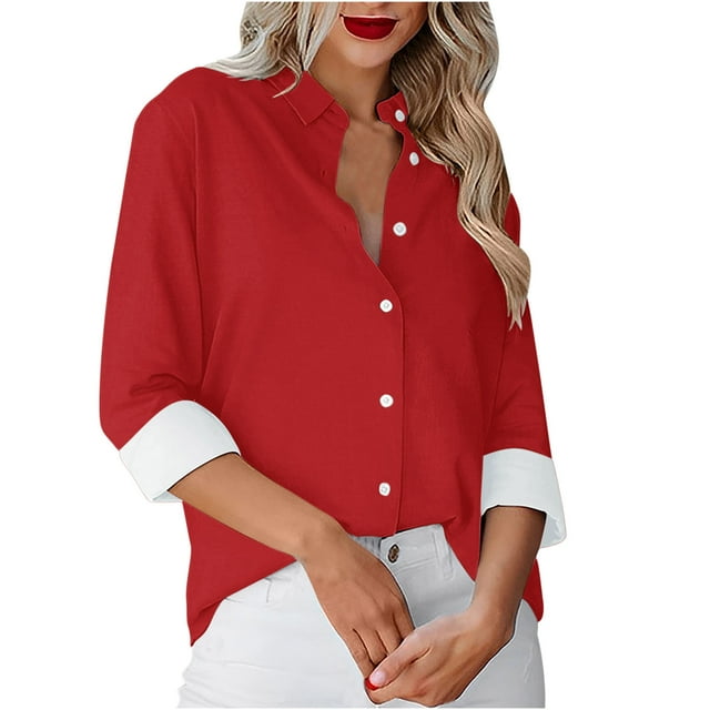 Besolor Button Down Shirts for Women Solid Color Long Sleeve Colared Tops Loose Office Blouses for Casual Work