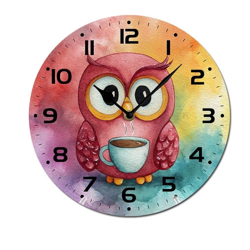 ZXCXRQFa Owl Drinking Coffee Clock Home Decor Round Wood 10 Inch Wall Clocks Non Ticking Silent Clock Art for Living Room Kitchen Bedroom Decorative