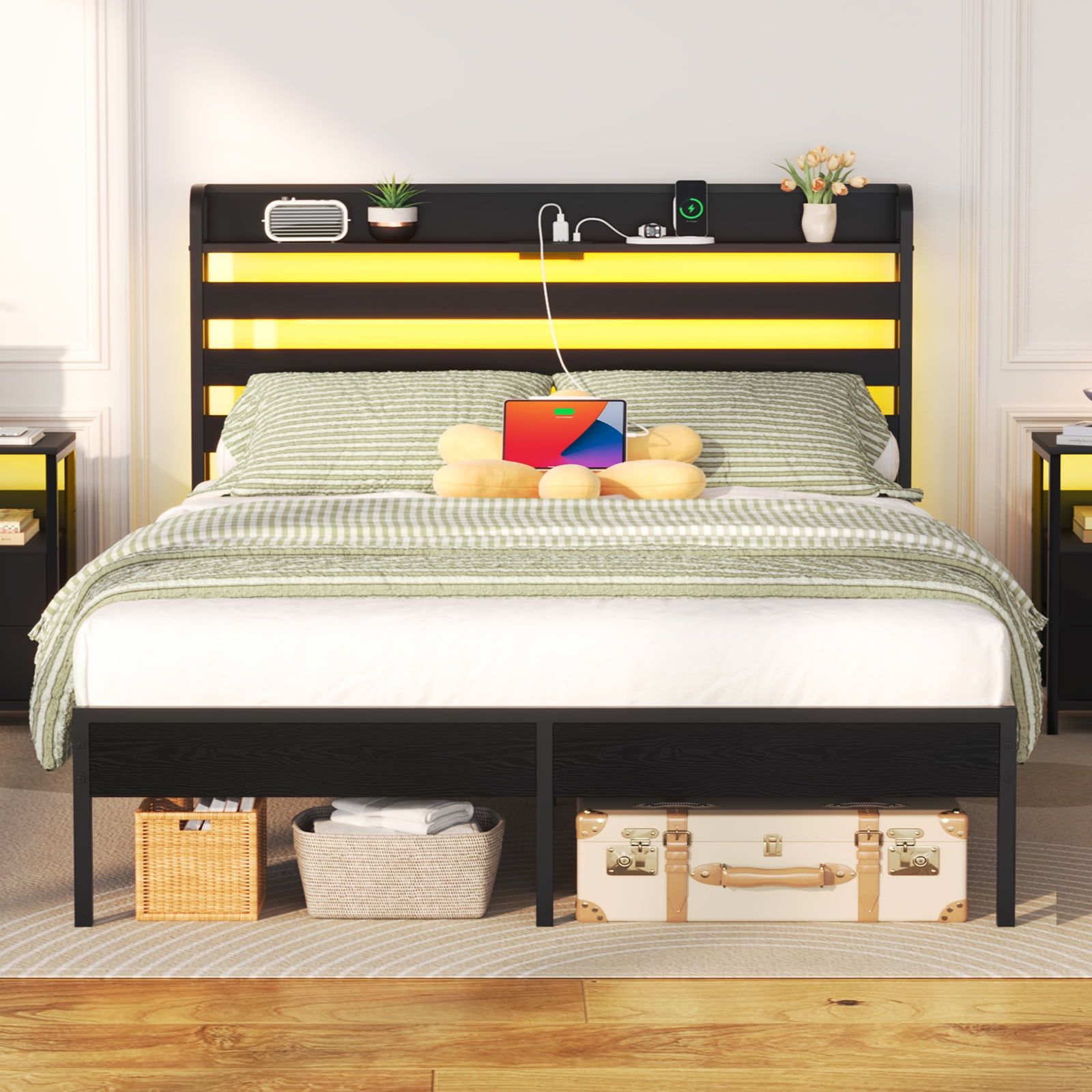 Yoobure Queen Bed Frame with USB Port&LED ,Standard Queen Size Bed Frame with Headboard,Black