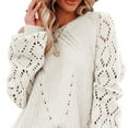 thumbnail image 2 of Femmes Col Rond Pull en Tricot Creux Élégant Élégant Couleur Pure Manches Longues Crochet Pull Blanc XL, 2 of 6