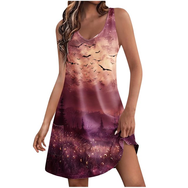 Vestido de Verano para las Mujeres Impresión de la Moda Bolsillo sin Mangas Cuello en V, Vestido Casual para la Playa Y Diario