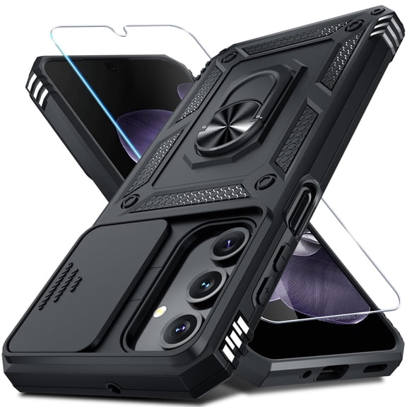 Heavy Duty Shockproof Phone Case compatible with Samsung Galaxy A57,Full Body Cover with Built-in Slide Camera Cover, Tempered Glass Screen Protector, Finger Ring Holder Kickstand