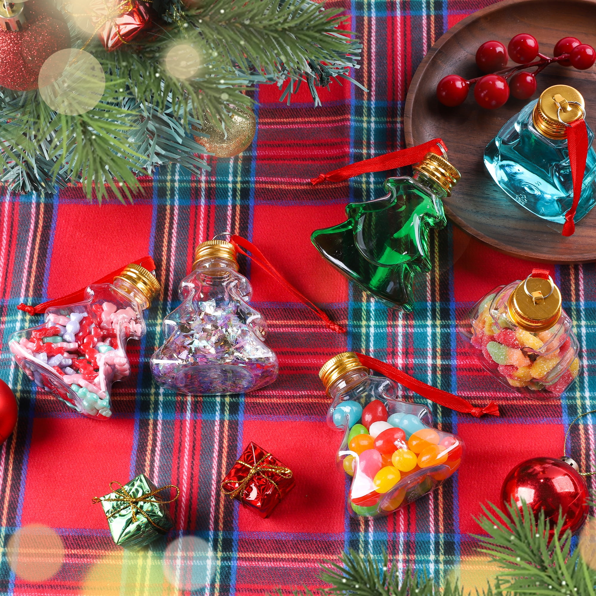 Fillable Christmas Ornament Drink Balls, 50ml Reusable Plastic Tree-Shape Baubles for Hanging Holiday Decor, 6 Pack