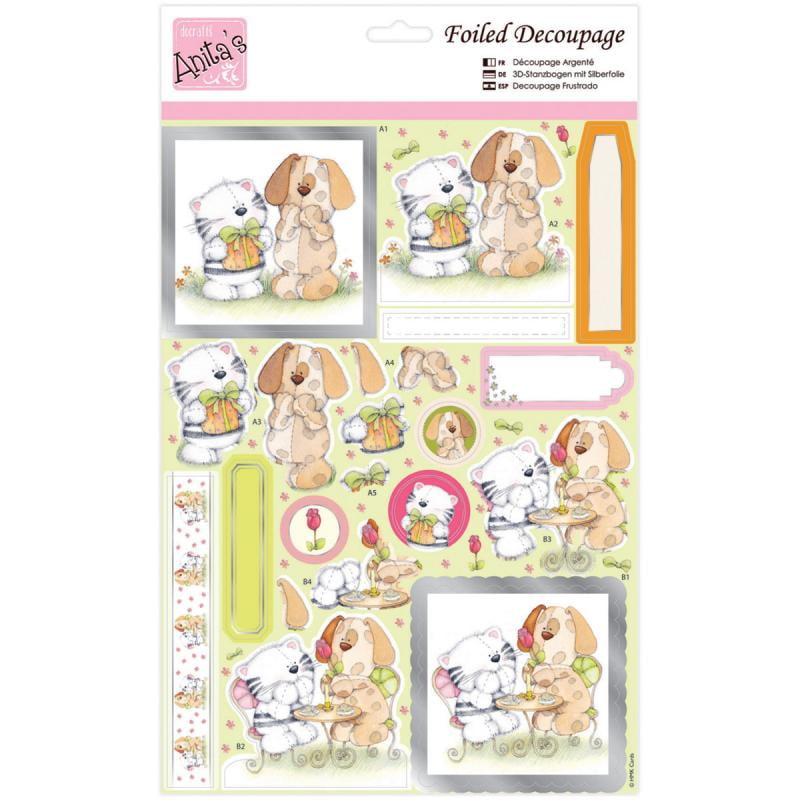 ANITAS FOILED DECOUPAGE FOR CARDS OR CRAFTS KITTY AND CAKE