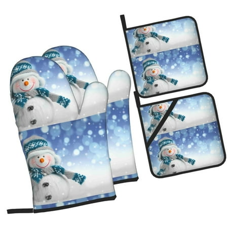 

Haiem Christmas Snowman In The Snow Print Extra Long Oven Mitts and Pot Holders 4pc Sets: Heat Resistant Silicone Oven Mittens with Mini Oven Gloves and Hot Pads Potholders