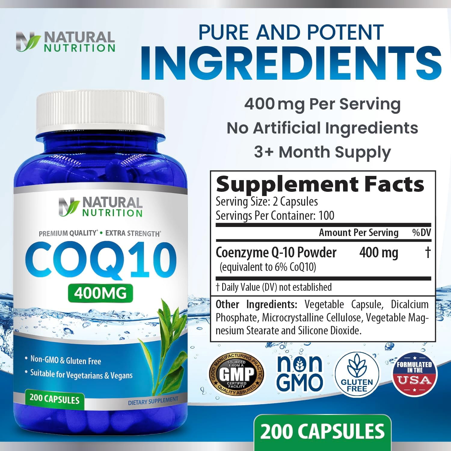 Natural Vitamin CoQ10 Extra Strength 400mg 200 Capsules Quick Absorption (Gluten Free & Non-GMO)