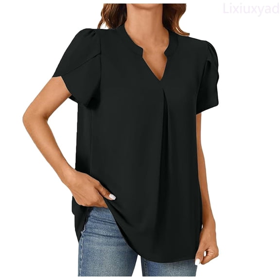 Lixiuxyad Women's Summer Casual T Shirts Dressy Chiffon Blouses Petal Short Sleeve V Neck Tunic Tops For Leggings Trendy Casual,Black L