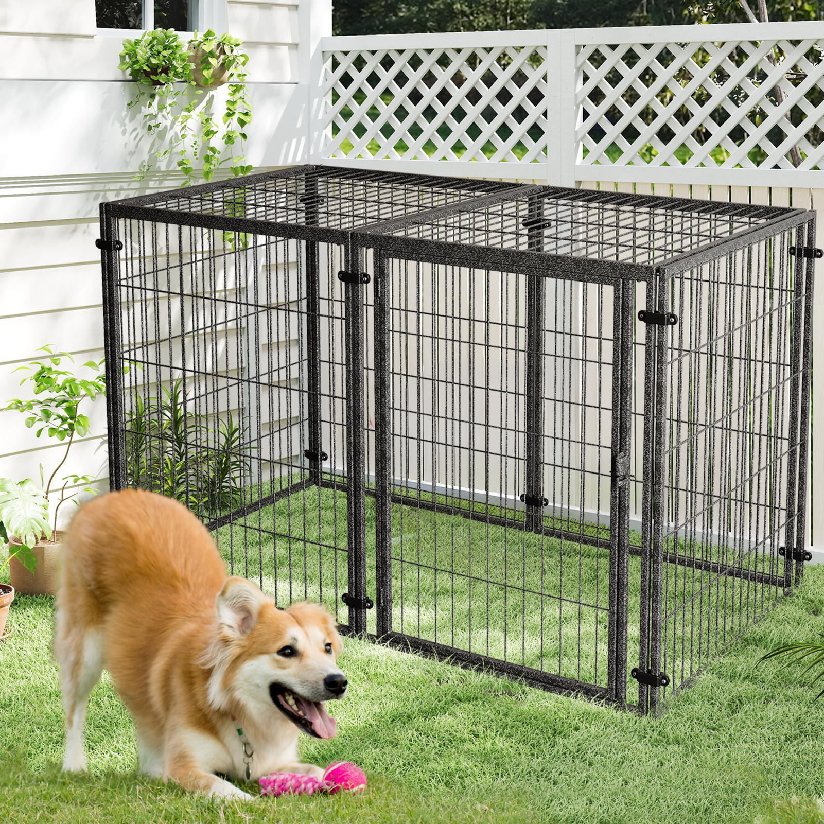 Wdmiya Large Dog Crate, 57 Inch Metal Kennel for Medium and Small Dogs, Safe Indoor & Outdoor XL Big Puppy Bottomless Cage with Comfort Mat, Pet Playpen Yard, Dog Fence Playpen, Silver